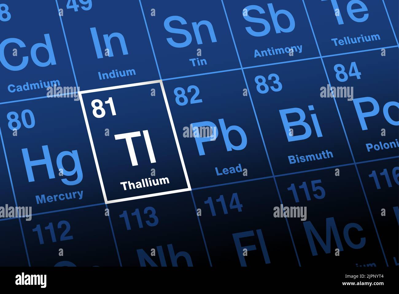 Thallium, sur la table périodique des éléments. Métal post-transition avec symbole Tl, de thallos grecs, signifiant pousse verte. Numéro atomique 81. Banque D'Images