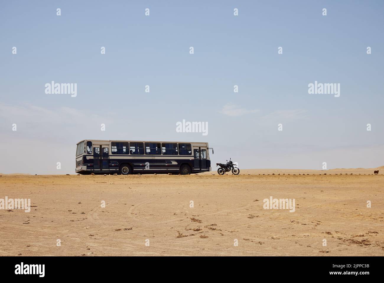 Un bus et un vélo dans le désert un matin ensoleillé Banque D'Images