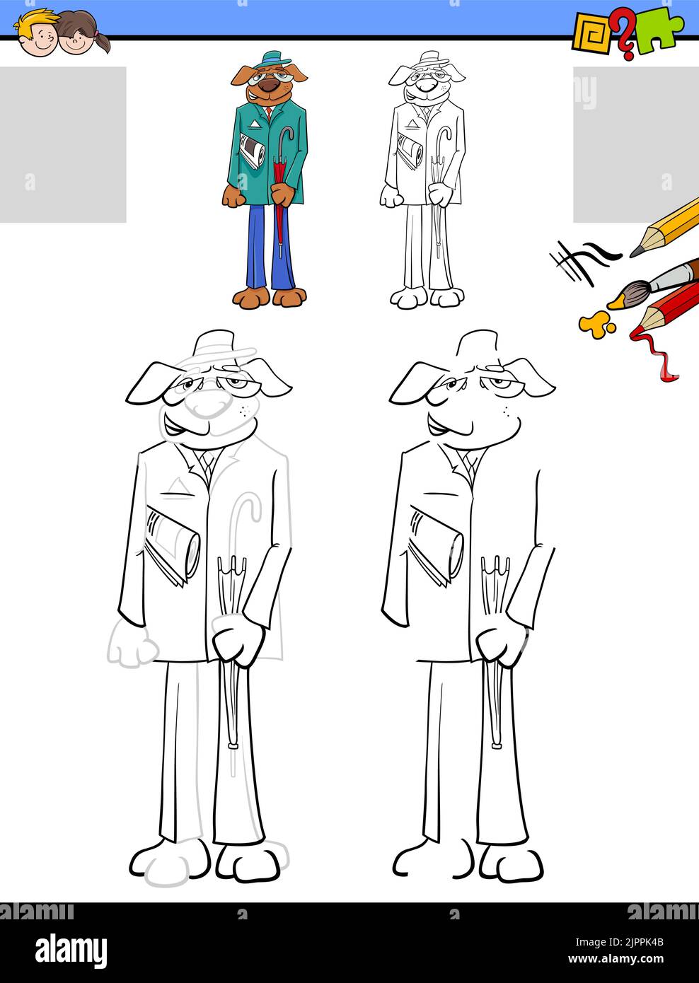 Dessin animé illustration de dessin et coloriage d'activités éducatives pour les enfants avec le personnage de chien de bande dessinée habillé comme un homme Illustration de Vecteur