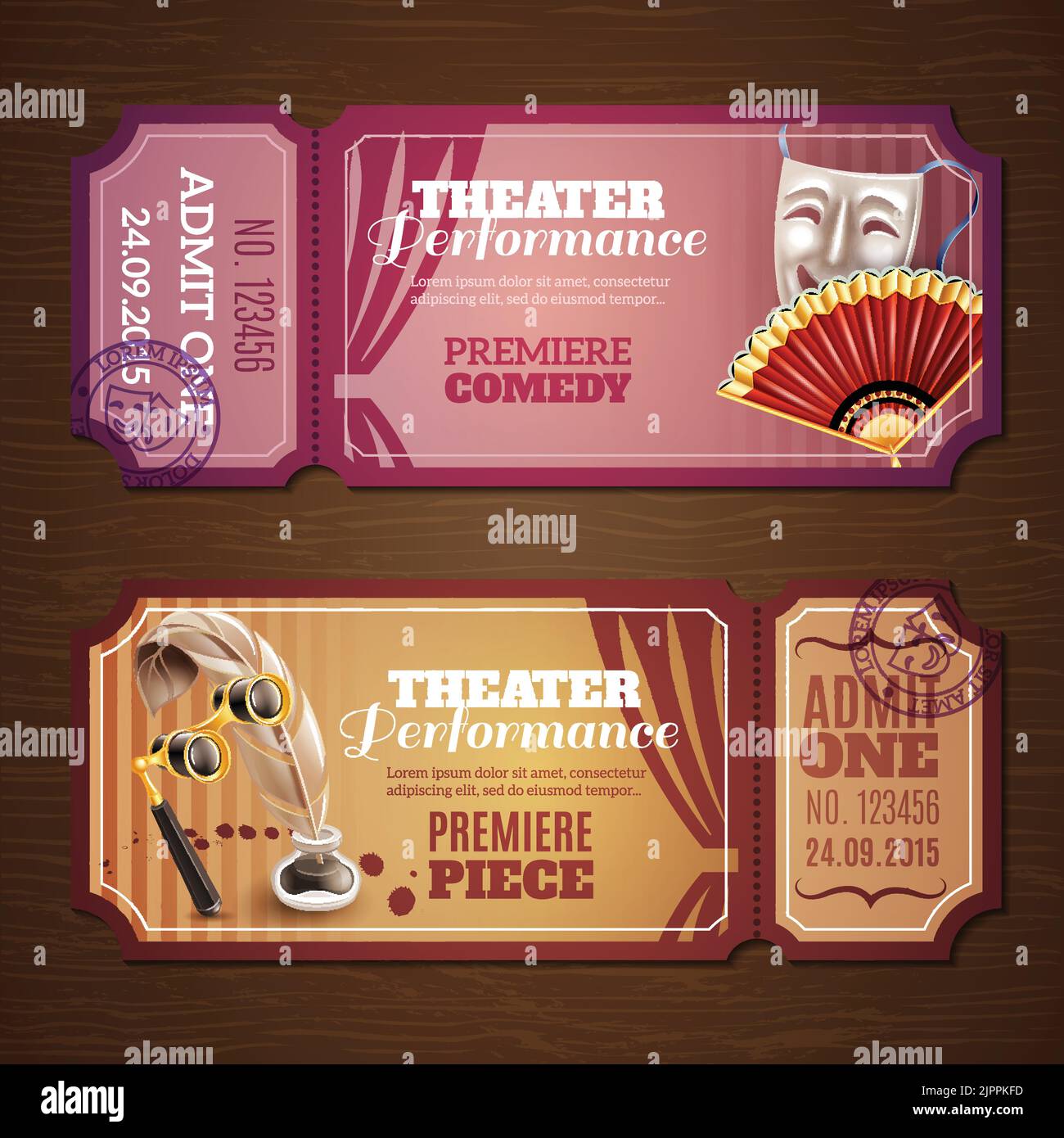 Des billets de théâtre sur des bannières horizontales en bois définissent un vecteur isolé