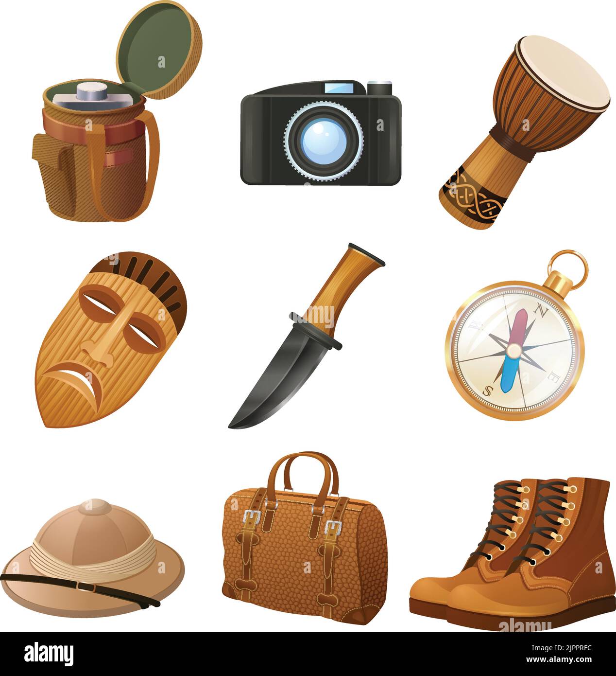 Jeu d'icônes décoratives de voyage dans la jungle africaine avec tambour d'appareil-photo à flacon illustration vectorielle isolée Illustration de Vecteur