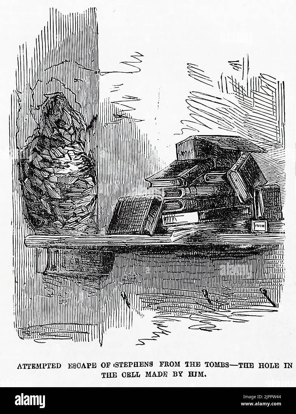 Tentative d'évasion de James Stephens, épouse empoisonnée, des tombes (prison de New York) - le trou dans la cellule faite par lui (1860). Illustration du 19th siècle du journal illustré de Frank Leslie Banque D'Images