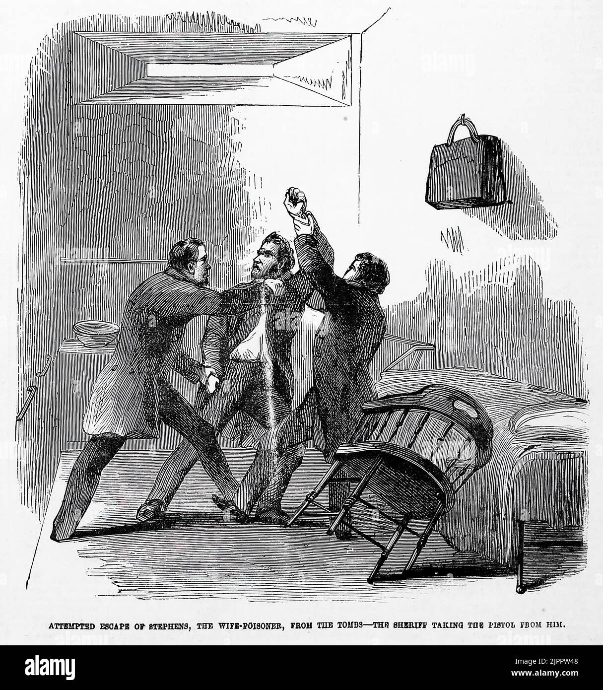 Tentative d'évasion de James Stephens, l'épouse empoisonnée, des tombes (prison de New York) - le shérif prenant le pisrol de lui (1860). Illustration du 19th siècle du journal illustré de Frank Leslie Banque D'Images