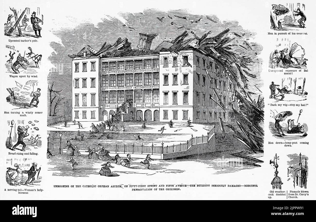 Scènes de destruction causées par une grande tempête à New York, 9 février 1860 - Détoitures de l'asile d'orphelin catholique romain, sur la cinquante-première rue et la Cinquième Avenue - le bâtiment sérieusement endommagé - la préservation miséricordieuse des enfants. Illustration du 19th siècle du journal illustré de Frank Leslie Banque D'Images