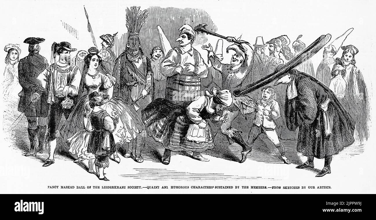 Bal masqué fantaisie de la société Liederkranz - personnages pittoresques et humoristiques soutenus par les membres. 15 février 1860. Illustration du 19th siècle du journal illustré de Frank Leslie Banque D'Images