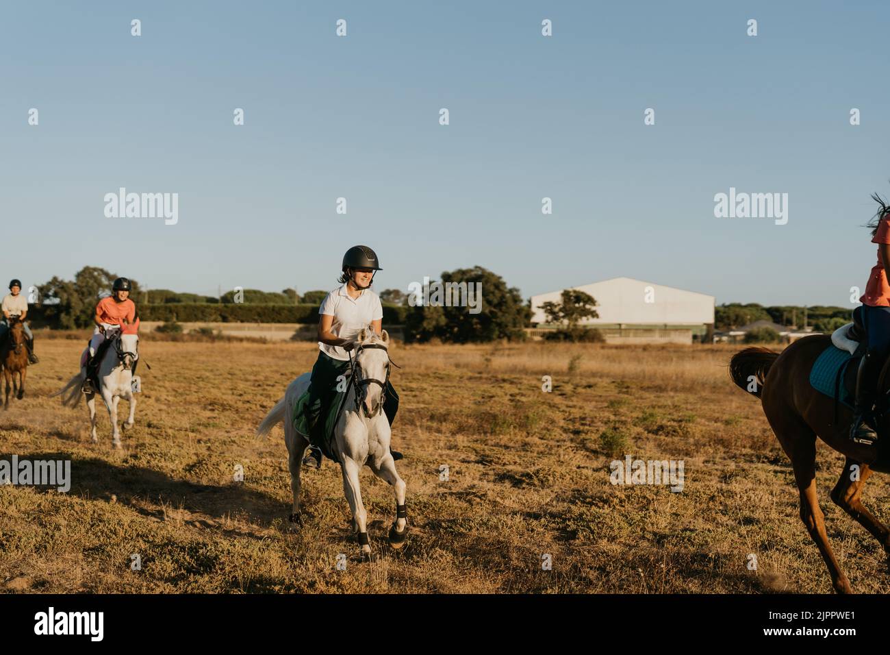 une jeune fille de 12 ans fait un poney blanc entre amis Banque D'Images