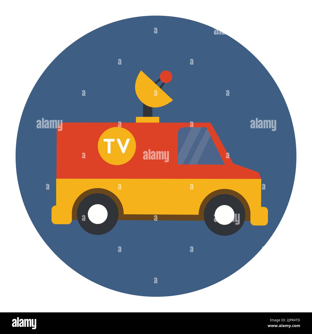 Icône de voiture de télévision. Minibus avec satellite. Transport d'actualités TV. Fourgonnette de télévision centrale. Icône plate dans un cercle isolé sur fond blanc. Icône vecteur Illustration de Vecteur