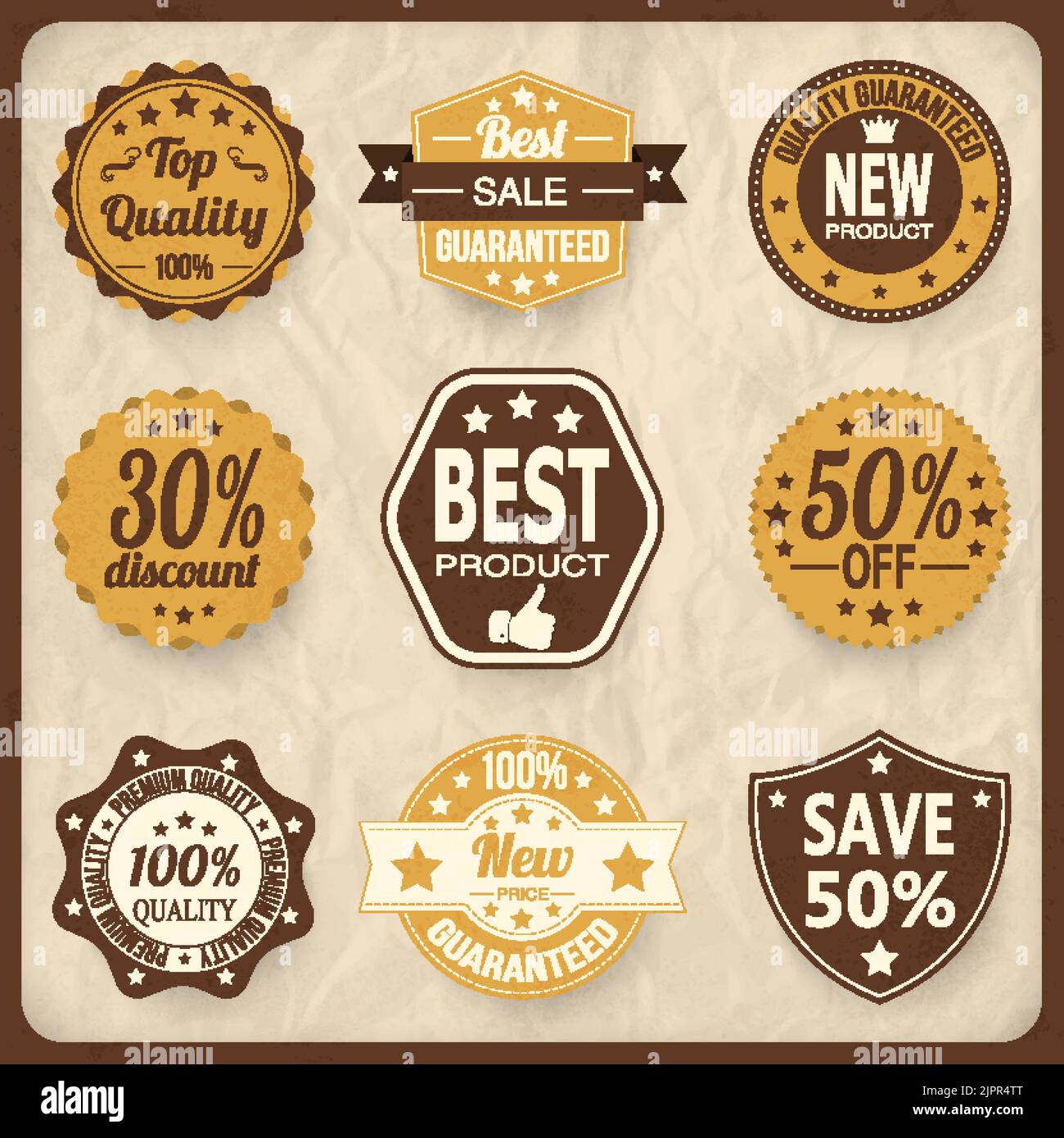 Ensemble de badges et d'autocollants de solde de style rétro de couleur marron. Éléments vectoriels Illustration de Vecteur