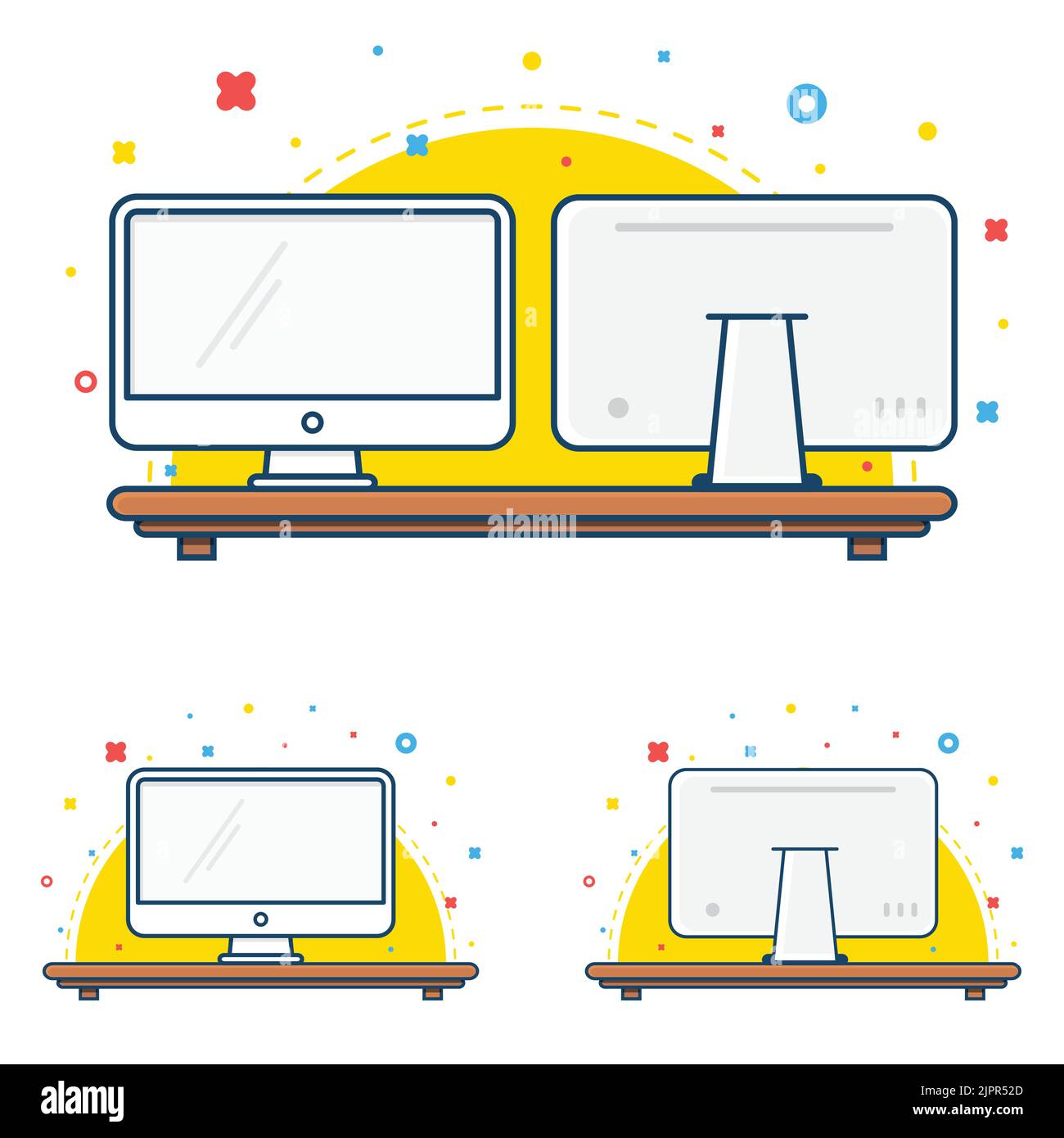 Icône de l'écran de l'ordinateur. Vue avant et arrière. Icône de ligne mince plate de l'écran de bureau. Icône de contour de l'écran du PC. Icône de vecteur de style dessin animé Illustration de Vecteur