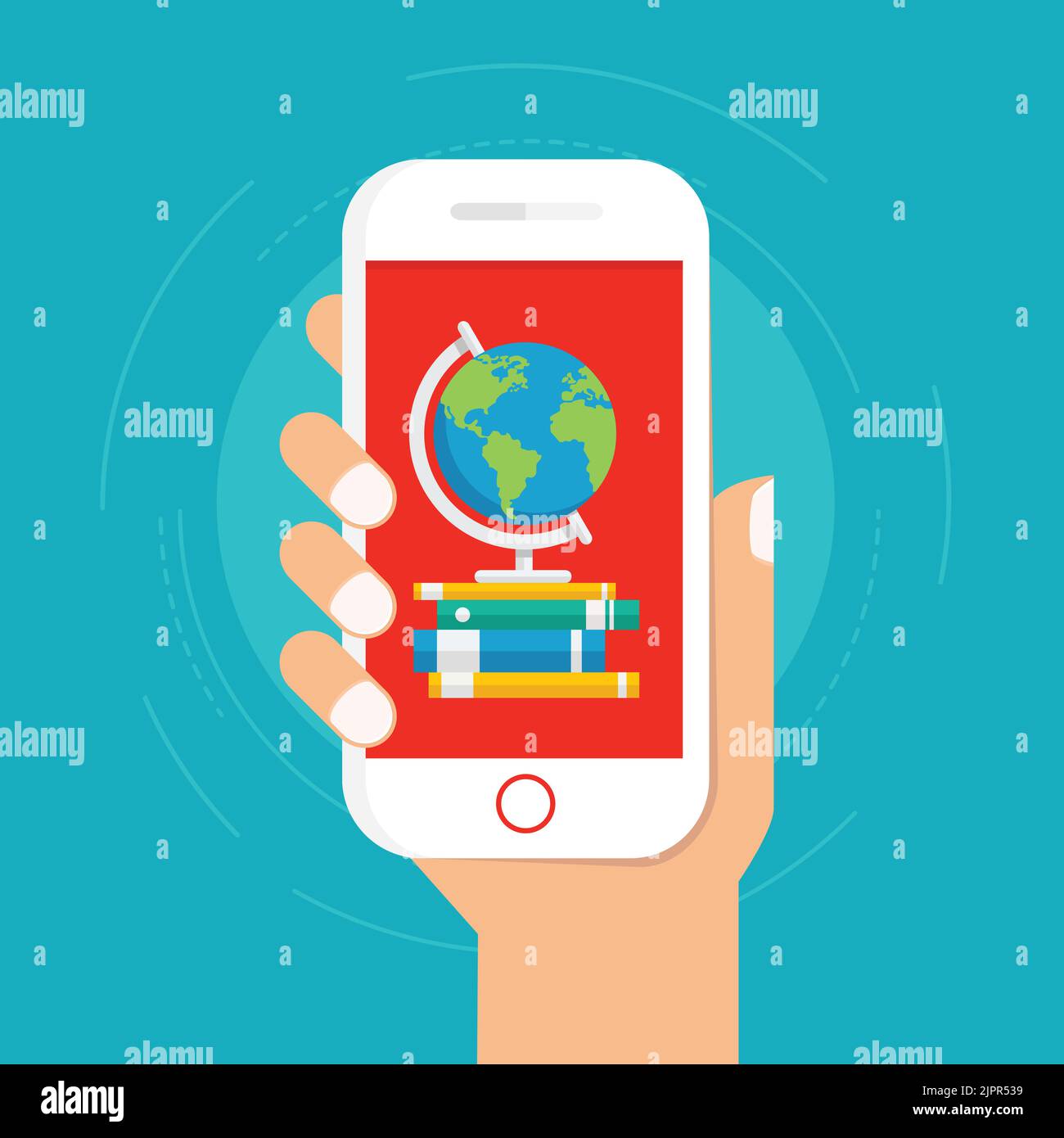Formation en ligne sur téléphone mobile. Main tenant un smartphone avec un globe et un stock de livres sur l'écran. Enseignement à distance. Concept de vecteur scolaire en ligne Illustration de Vecteur