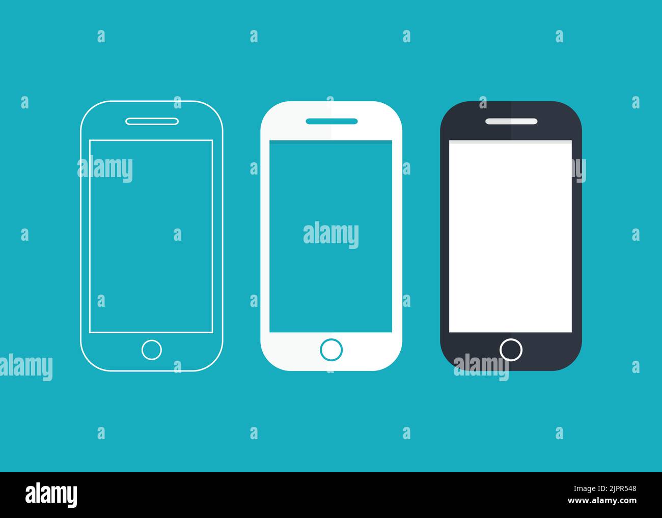 Icône de smartphone dans trois styles différents : contour, blanc et noir. Téléphone portable avec bouton. Elément vectoriel Illustration de Vecteur