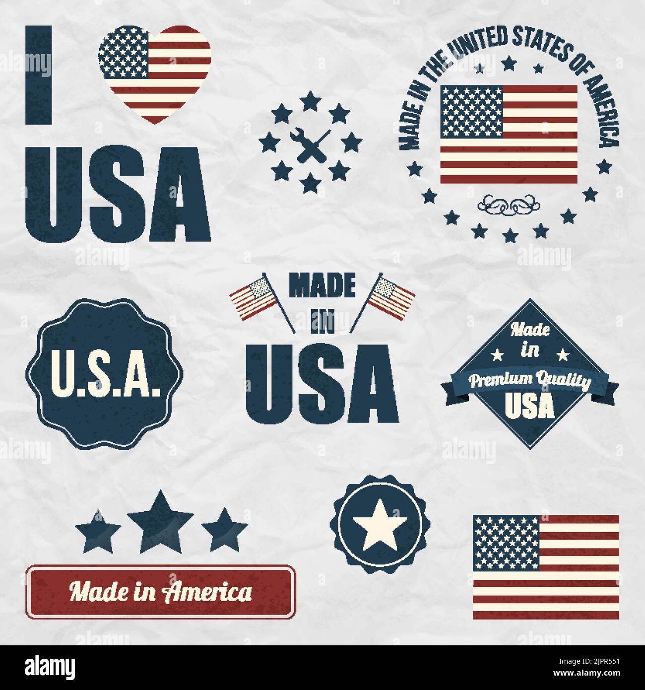 Ensemble de symboles des États-Unis. Fabriqué dans les badges graphiques de qualité supérieure aux États-Unis. J'adore le panneau USA. Label Made in America. Collection de timbres patriotiques. Elément vectoriel Illustration de Vecteur