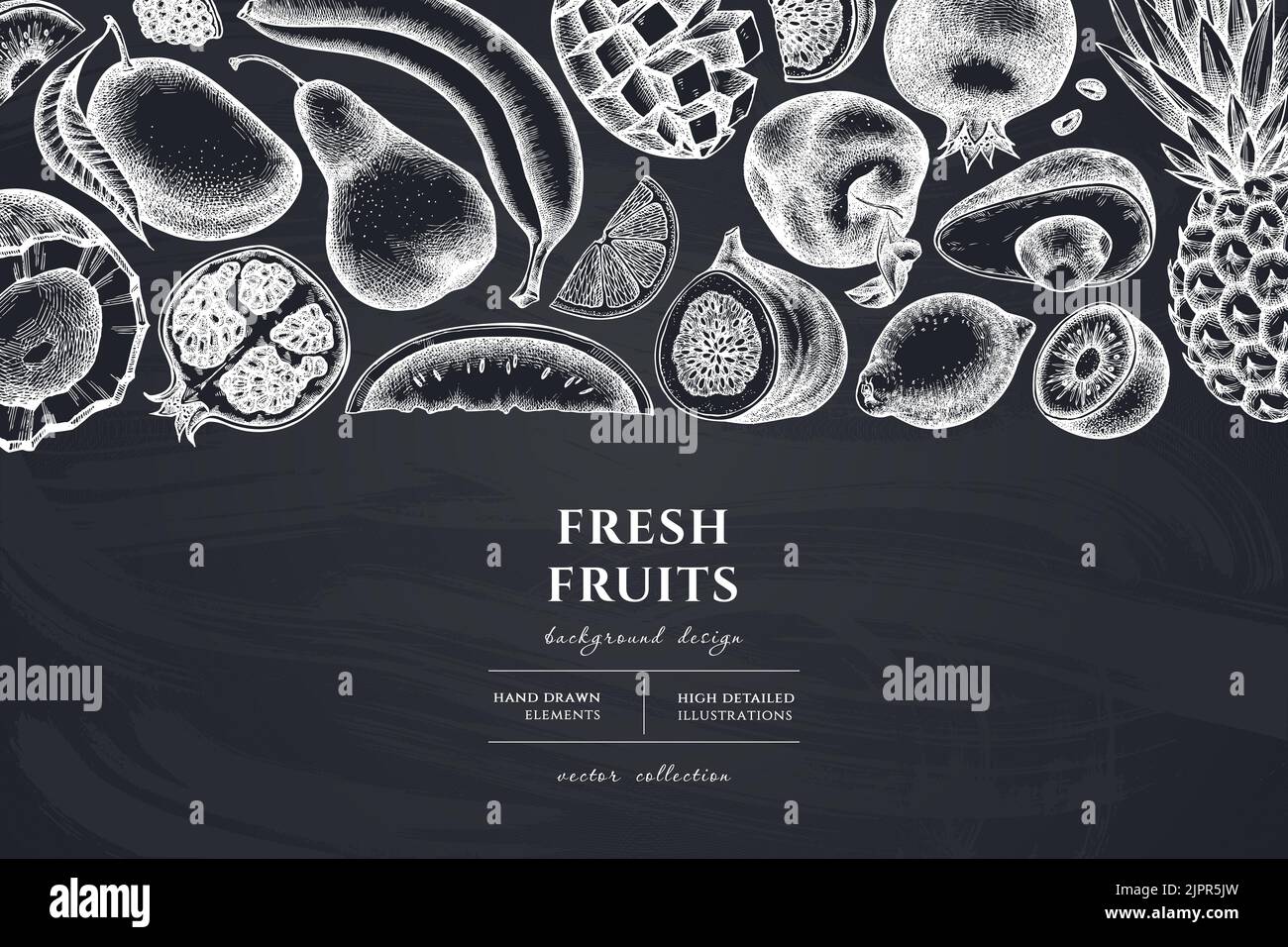 Illustration de fruits dessinés à la main. Arrière-plan avec des bananes craies, des poires, des kiwis etc Illustration de Vecteur