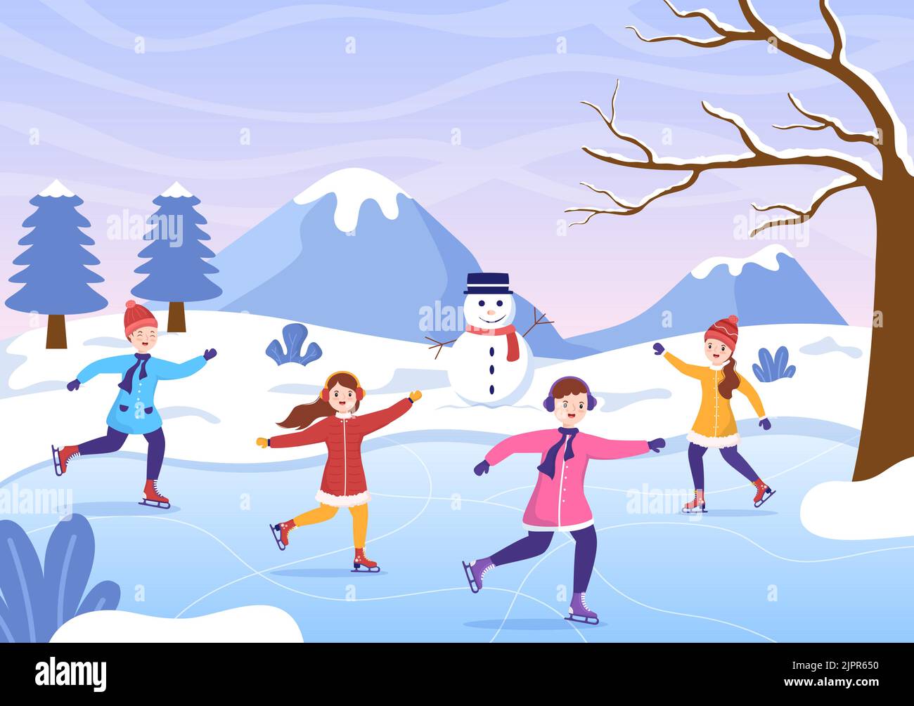 Patinage sur glace dessin main dessin animé dessin animé à la main Illustration de l'hiver Fun activités de sport en plein air sur la patinoire avec vêtements d'extérieur saisonniers Illustration de Vecteur