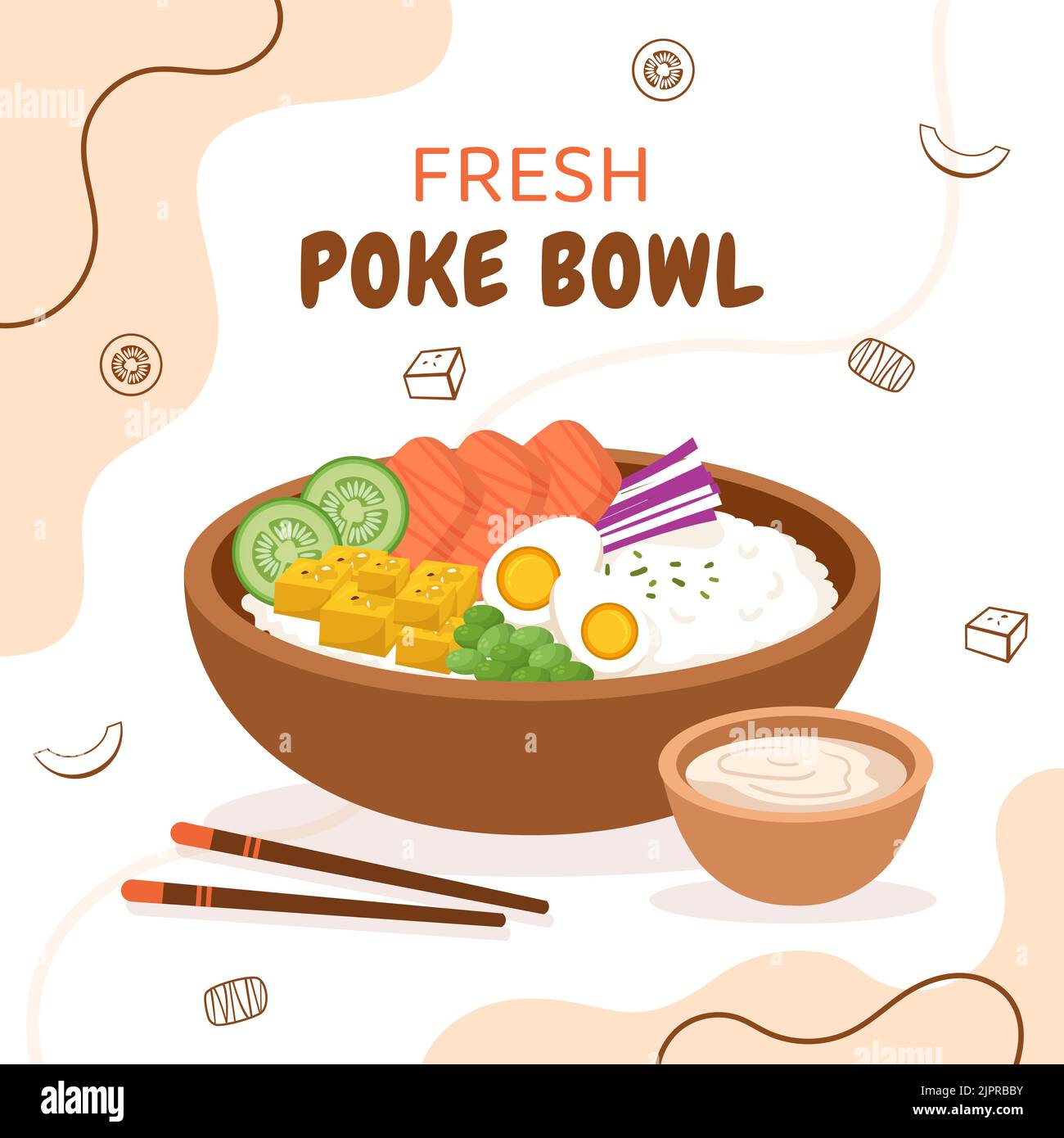 Modèle de fond de la nourriture de Poke Bowl dessin à la main dessin de dessin à plat de dessin animé Illustration de Vecteur