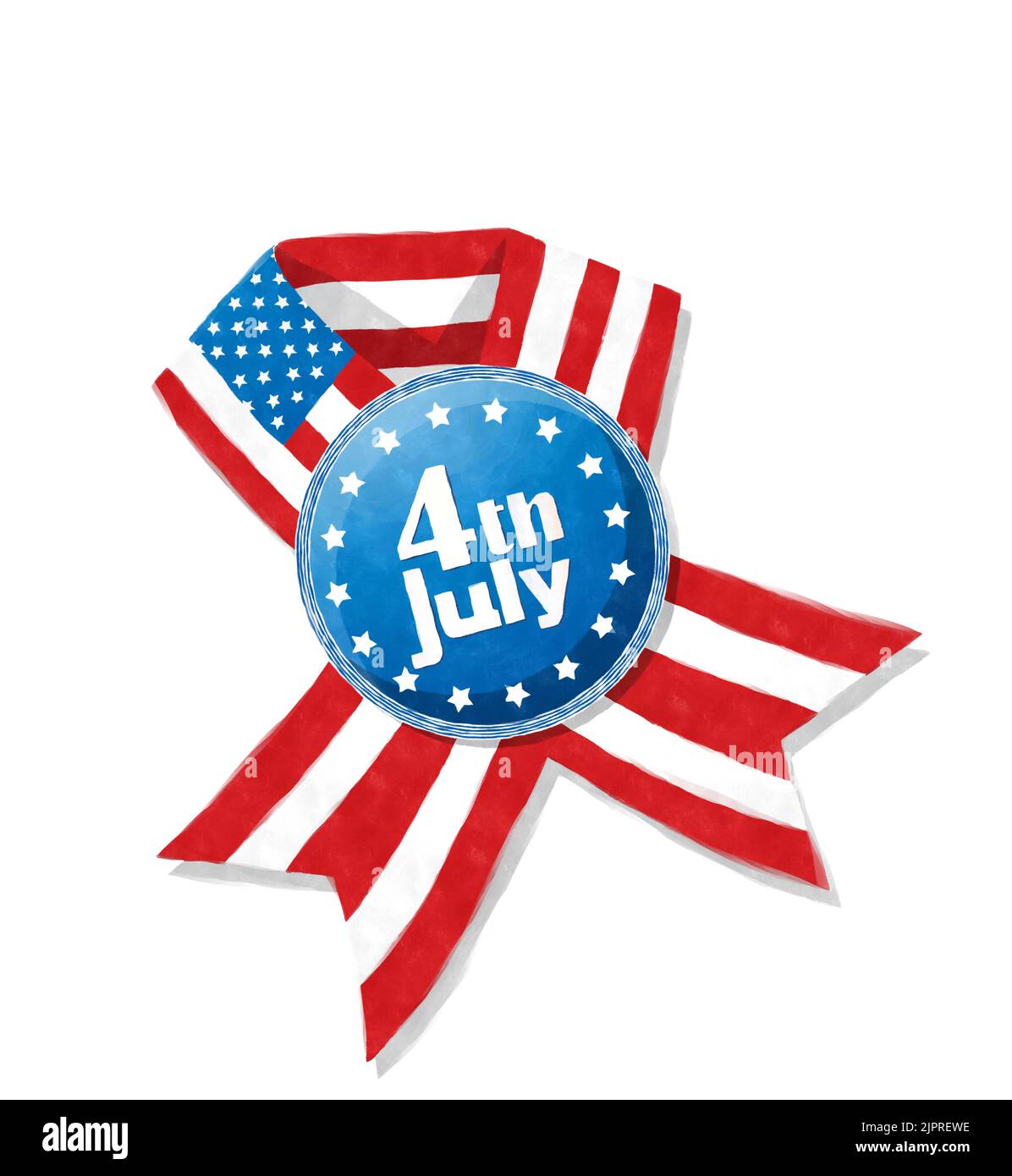 Dessin aquarelle, composition pour les fêtes du 4 juillet, badge et drapeau sur fond blanc Banque D'Images