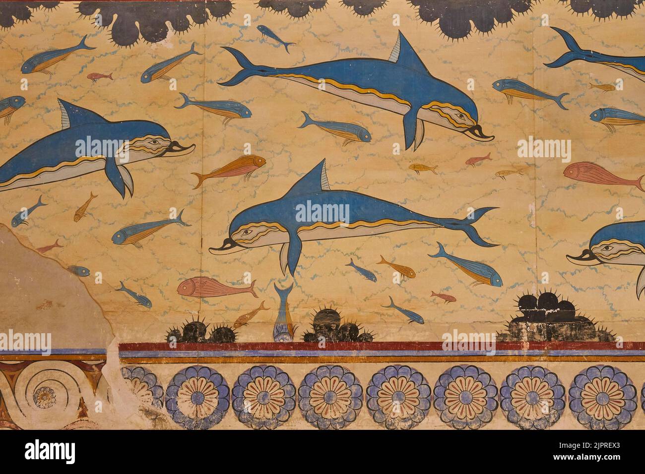 Dauphins, poissons, oursins, fresque des dauphins, Megaron de la Reine, Palais de Knossos, Héraklion, Crète centrale, île de Crète, Grèce Banque D'Images