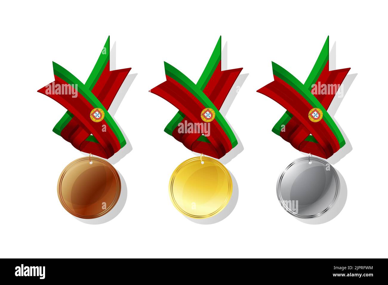 Le Portugais des médailles en or, argent et bronze avec drapeau national. Les objets vectoriels isolé sur fond blanc Banque D'Images