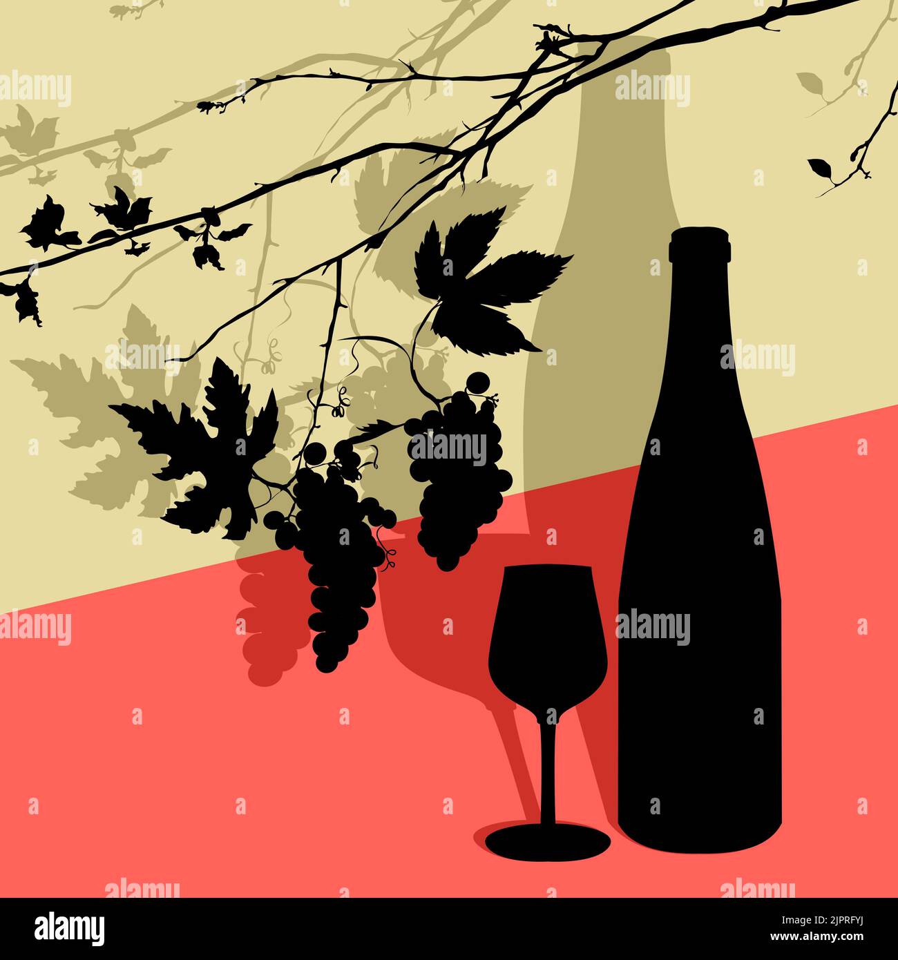 Silhouettes vecteur de feuilles de vigne, wineglass et bouteille Banque D'Images