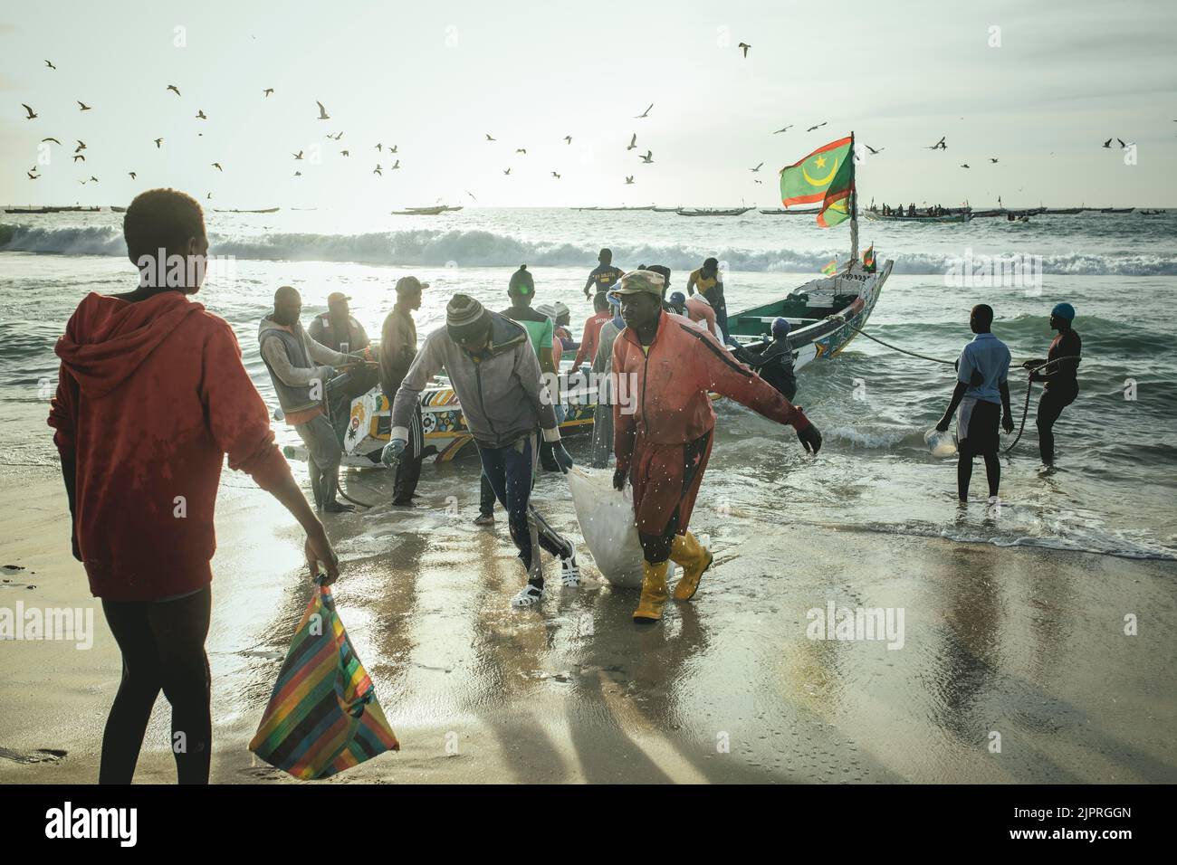 Arrivée des pêcheurs avec des sardines en fin d'après-midi, les pêcheurs chargent les sardines dans des sacs du bateau sur la plage et là sur Banque D'Images