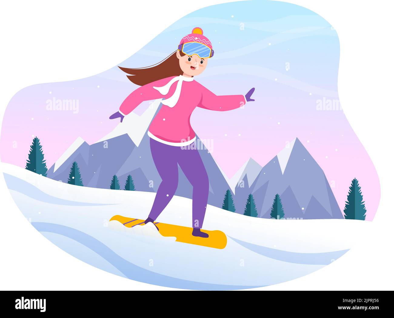 Surf des neiges dessin main dessin au dessin animé dessin animé dessin animé dessin animé dessin animé Illustration des gens en hiver glissant et saut avec des planches de neige sur les flancs ou les pistes de Snowy Mountain Illustration de Vecteur