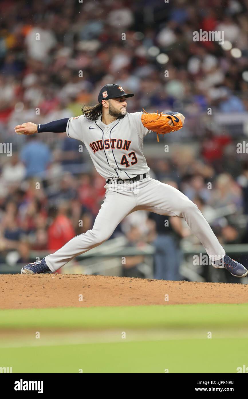 Atlanta, Géorgie. USA; Houston Astros commençant le pichet lance McCullers Jr. (43), dans sa deuxième apparition depuis son retour et blessure, livre un pitc Banque D'Images