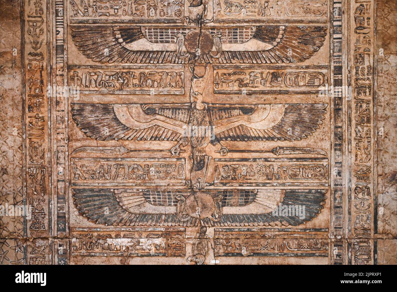 Deckenrelief, Geier, Innenraum, Geburtstempel Mamisi der Göttin Hathor, Hathor-Tempel, Dendera, Qina, Ägitten Banque D'Images