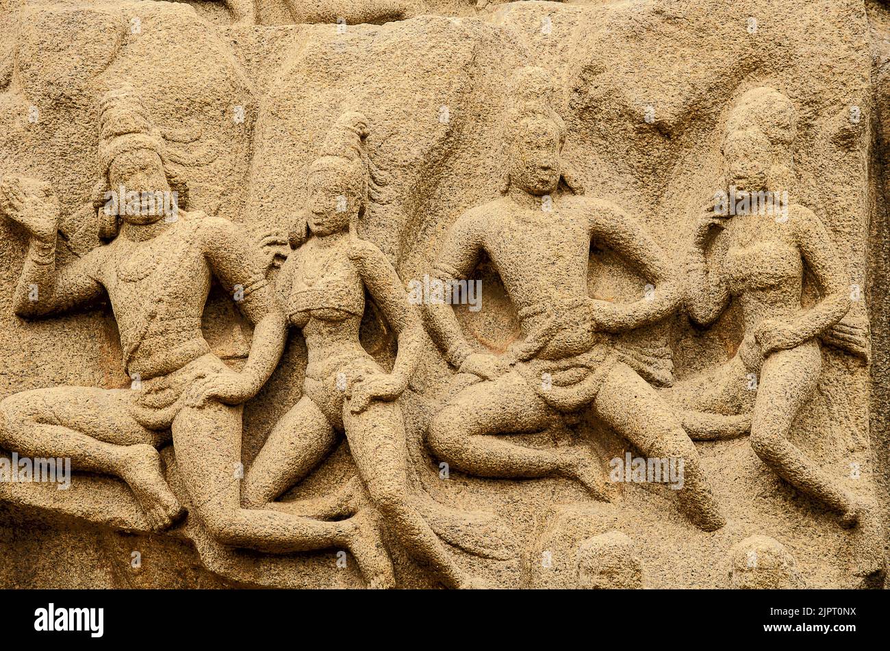 La pénitence d'Arjuna à Mahabalipuram, Tamil Nadu, Inde, Asie Banque D'Images