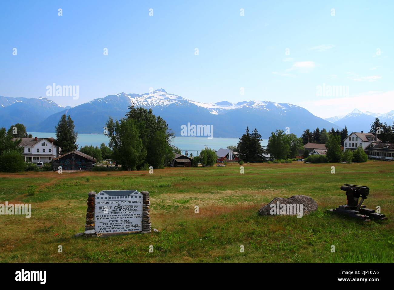 Vue de l'ancien site du fort William H. Seward, Port Chilkoot à Haines, Alaska, États-Unis Banque D'Images