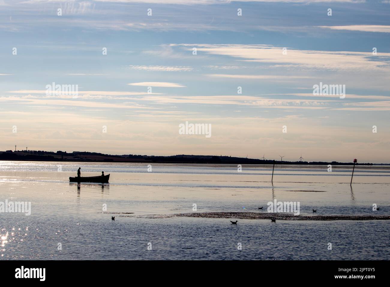 Couple sur silhouette de bateau. Mouettes au premier plan. Nuages de lumière en arrière-plan. Photographie de paysage. Banque D'Images