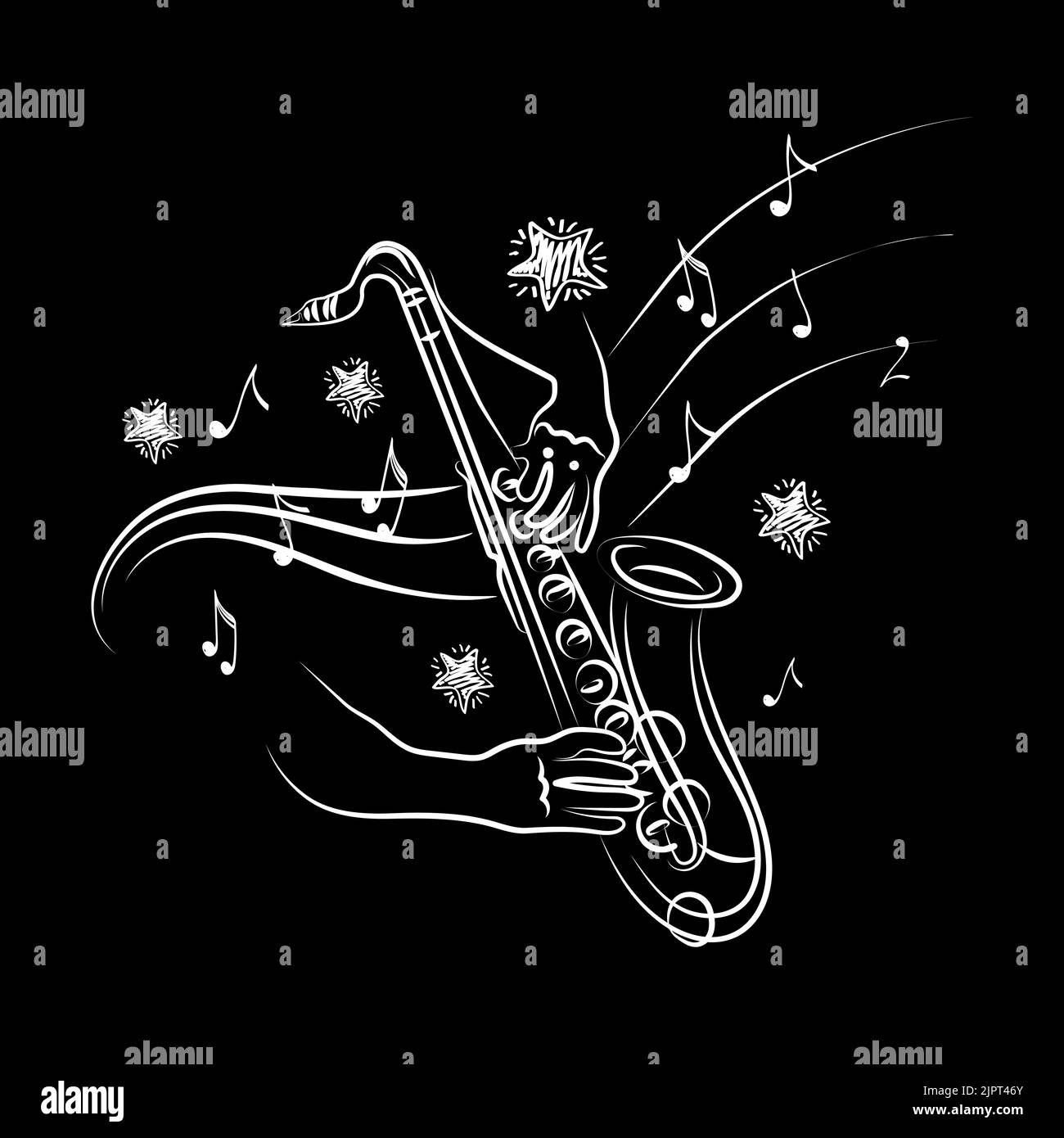Ensemble d'éléments musicaux pour l'image de jazz. Jeu de saxophone inspiré, Doodle dessiné à la main. Notes et étoiles. Musique. Inspiration. V isolé Illustration de Vecteur