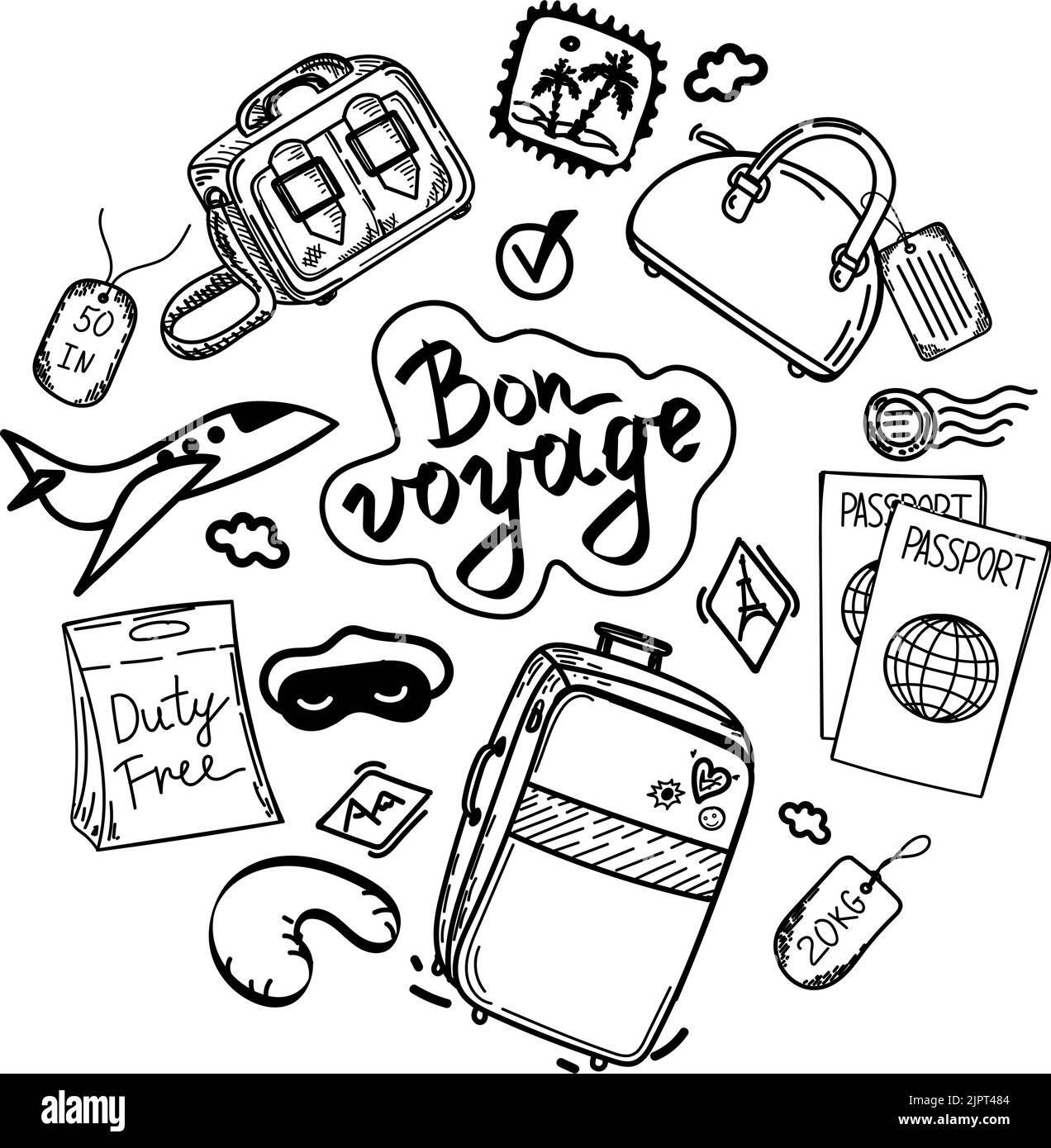 Ensemble d'objets pour le voyage, le vol, dessinés à la main dans un style d'esquisse. Inscription dessinée à la main. Illustration vectorielle. Grande valise, passeports, bagages à main, v Illustration de Vecteur