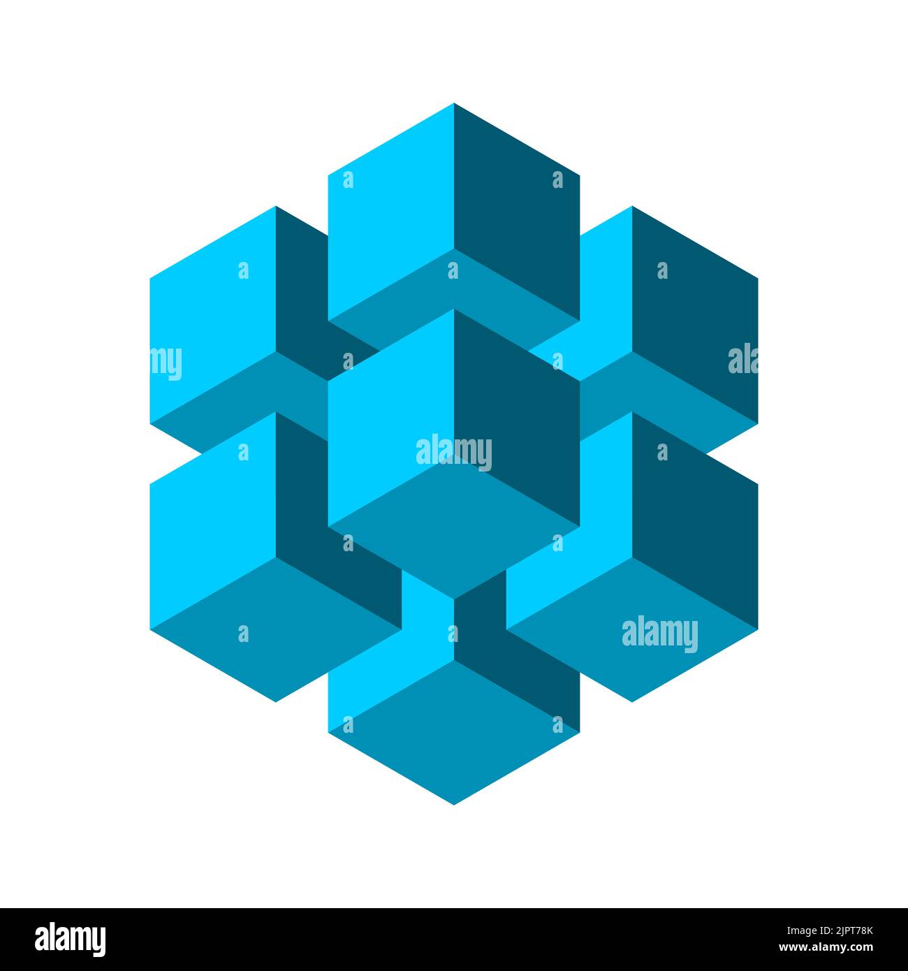 Cubes bleus flottant dans l'air. Technologie de chaîne de blocs. Concept de stockage de données dans le cloud. Grand carré composé de 8 petites boîtes. Hexagone géométrique. Vecteur Illustration de Vecteur