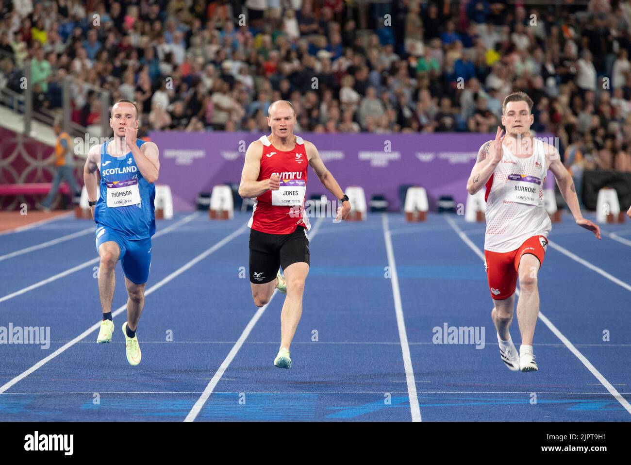 Alexander Thomson, Rhys Jones et Shaun Burrows participant à la finale masculine du T37/38 100m aux Jeux du Commonwealth au stade Alexander, Birmingham, E Banque D'Images