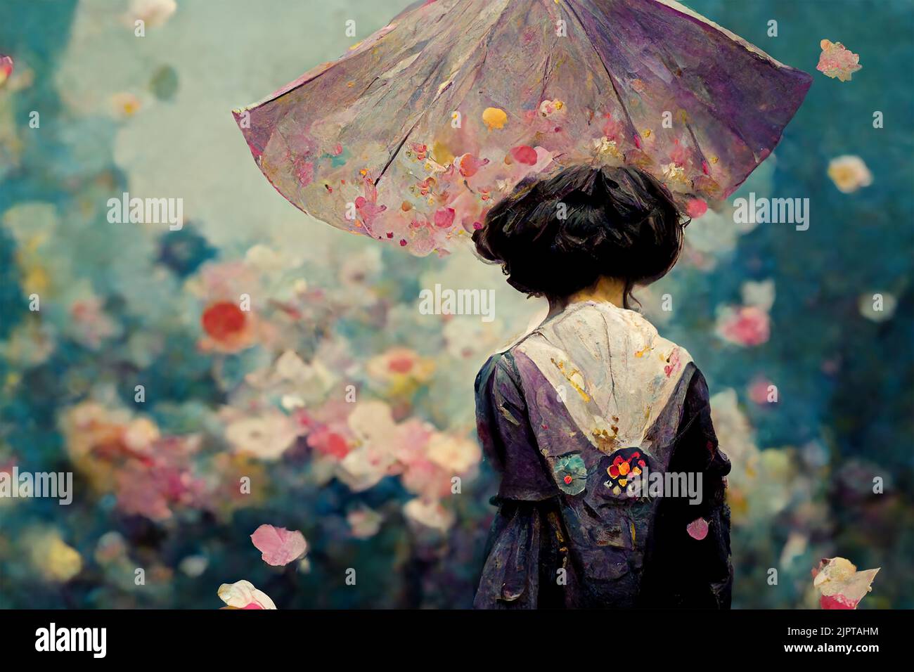 Illustration d'une fille avec parapluie et fleurs Banque D'Images