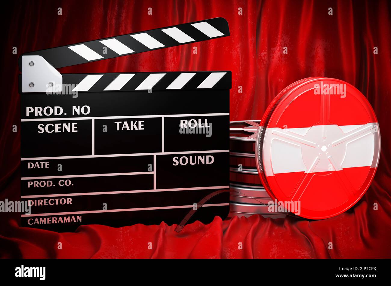 Cinématographie autrichienne, industrie cinématographique, cinéma en Autriche, concept. Clapperboard avec et bobines de film sur le tissu rouge, rendu 3D Banque D'Images