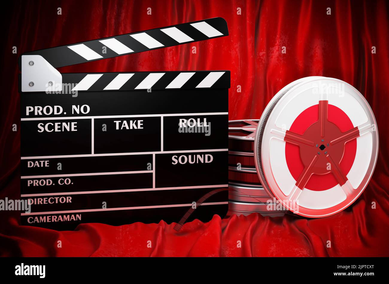 Cinéma japonais, industrie cinématographique, cinéma au Japon, concept. Clapperboard avec et bobines de film sur le tissu rouge, rendu 3D Banque D'Images