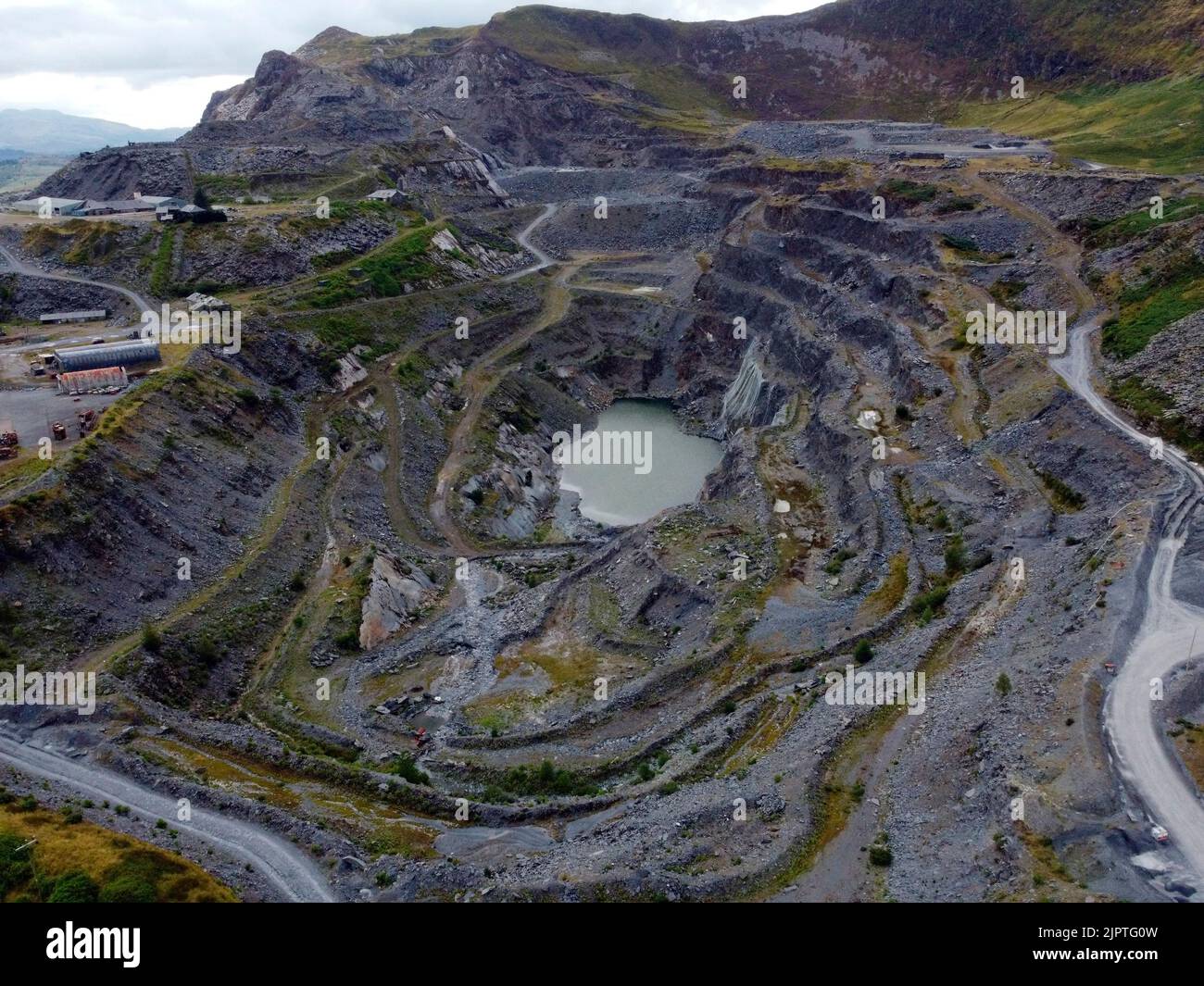 Vue aérienne d'une mine d'ardoise à Blaenau Ffestiniog, dans le nord du pays de Galles. Banque D'Images