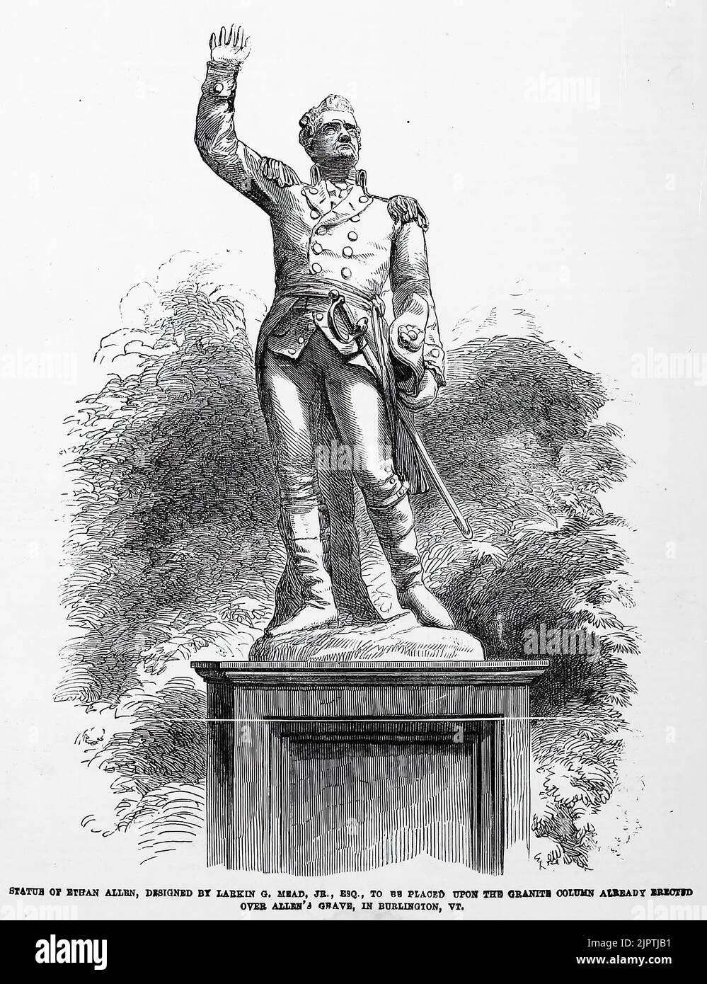 Statue d'Ethan Allen, conçue par Larkin Goldsmith Mead, Jr., à placer sur la colonne de granit déjà érigée sur la tombe d'Allen à Burlington, Vermont (1860). Illustration du 19th siècle du journal illustré de Frank Leslie Banque D'Images