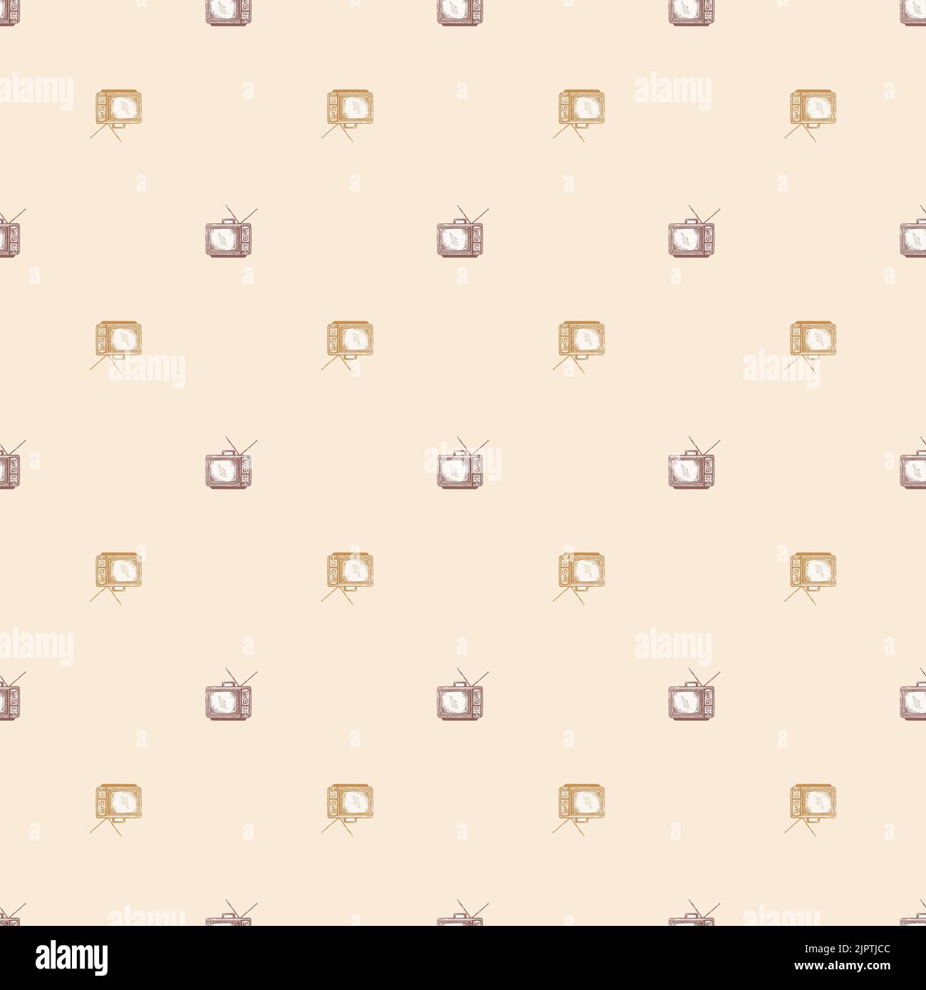 Téléviseur rétro avec antenne gravée sans couture. Téléviseur vintage de style dessiné à la main. Texture d'esquisse pour tissu, papier peint, textile, imprimé, titre, Illustration de Vecteur