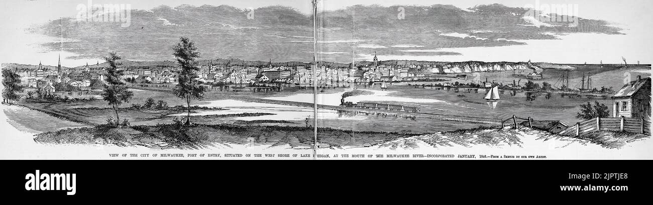 Vue sur la ville de Milwaukee, port d'entrée, situé sur la rive ouest du lac Michigan, à l'embouchure de la rivière Milwaukee (1860). Illustration du 19th siècle du journal illustré de Frank Leslie Banque D'Images