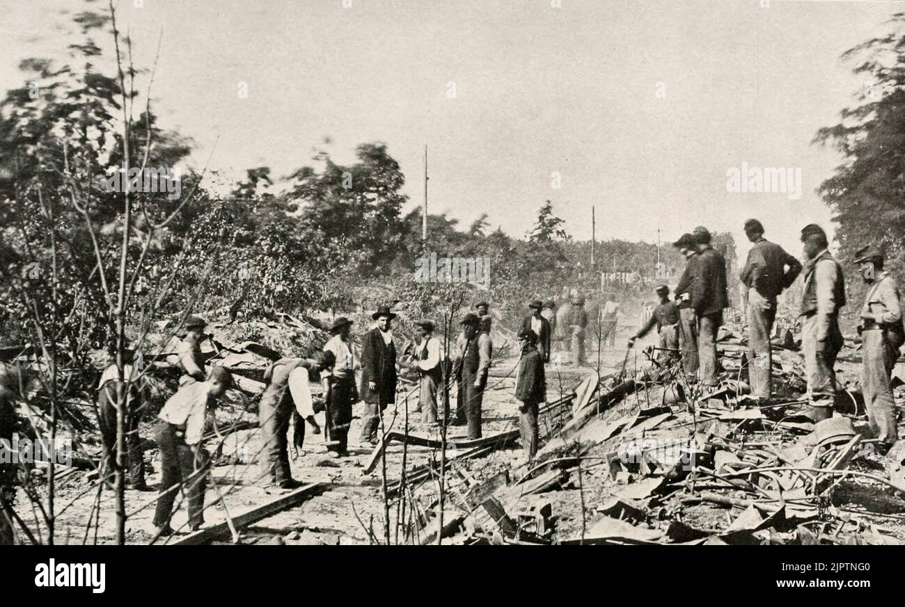 Reconstruction du chemin de fer détruit près de Chambersburg, en Pennsylvanie, pendant la guerre de Sécession américaine, 1862 Banque D'Images