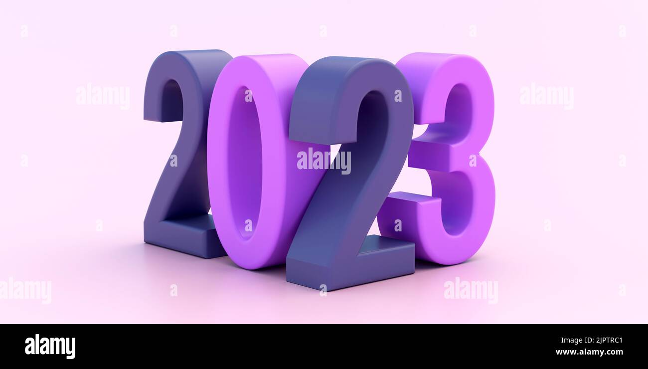 2023 Bonne Année. Chiffre bleu 2 chiffre violet clair 0, 3, nombre en angle sur fond rose clair. Carte de vœux pour la chance au nouveau plan, succes Banque D'Images