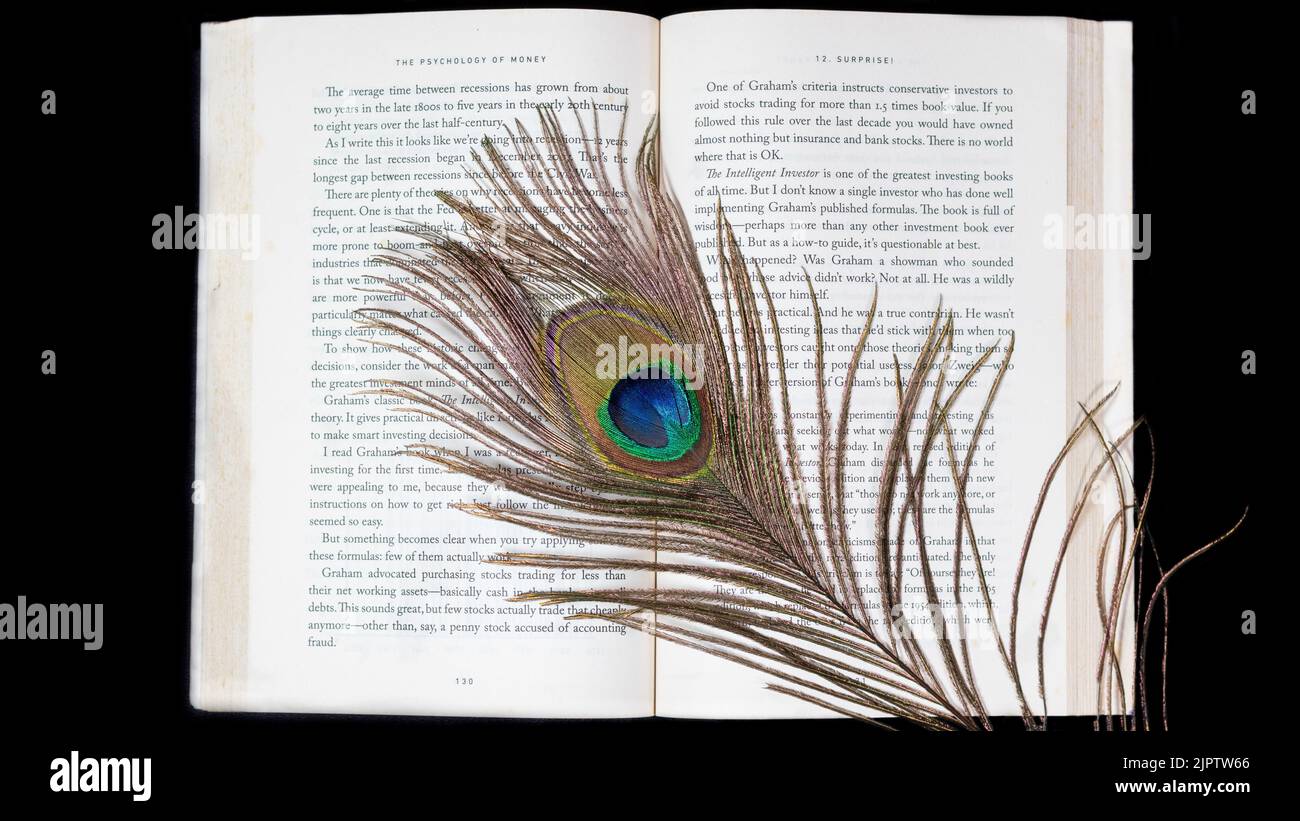 Plumes de paon avec livre photo sur fond noir Banque D'Images