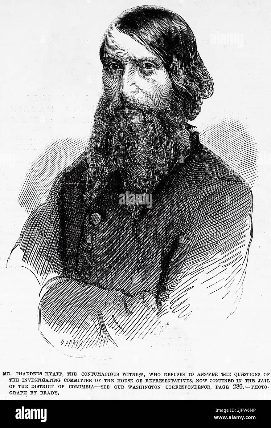 Portrait de M. Thaddeus Hyatt, le témoin contumace, qui refuse de répondre aux questions du comité d'enquête de la Chambre des représentants, maintenant détenu dans la prison du district de Columbia (1860). Illustration du 19th siècle du journal illustré de Frank Leslie Banque D'Images