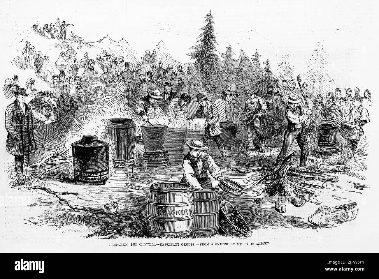 Préparation de la chowder - groupes expectant. Lynn, Massachusetts, 21 mars 1860. Grève des cordonniers de la Nouvelle-Angleterre de 1860. Illustration du 19th siècle du journal illustré de Frank Leslie. Banque D'Images