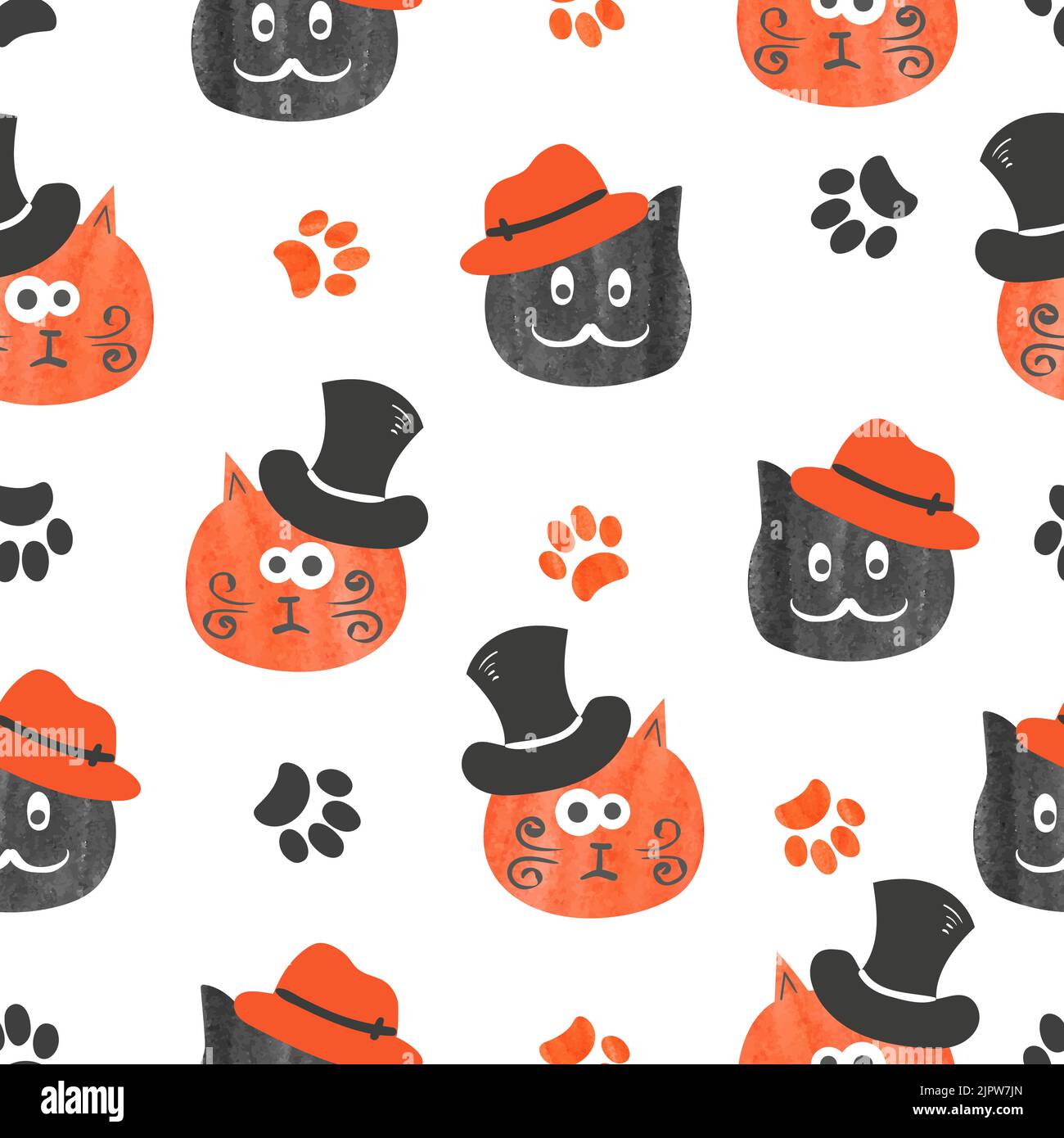 Aquarelle mignon chats sans couture motif en noir et orange. Fond vectoriel avec têtes de chats drôles Illustration de Vecteur