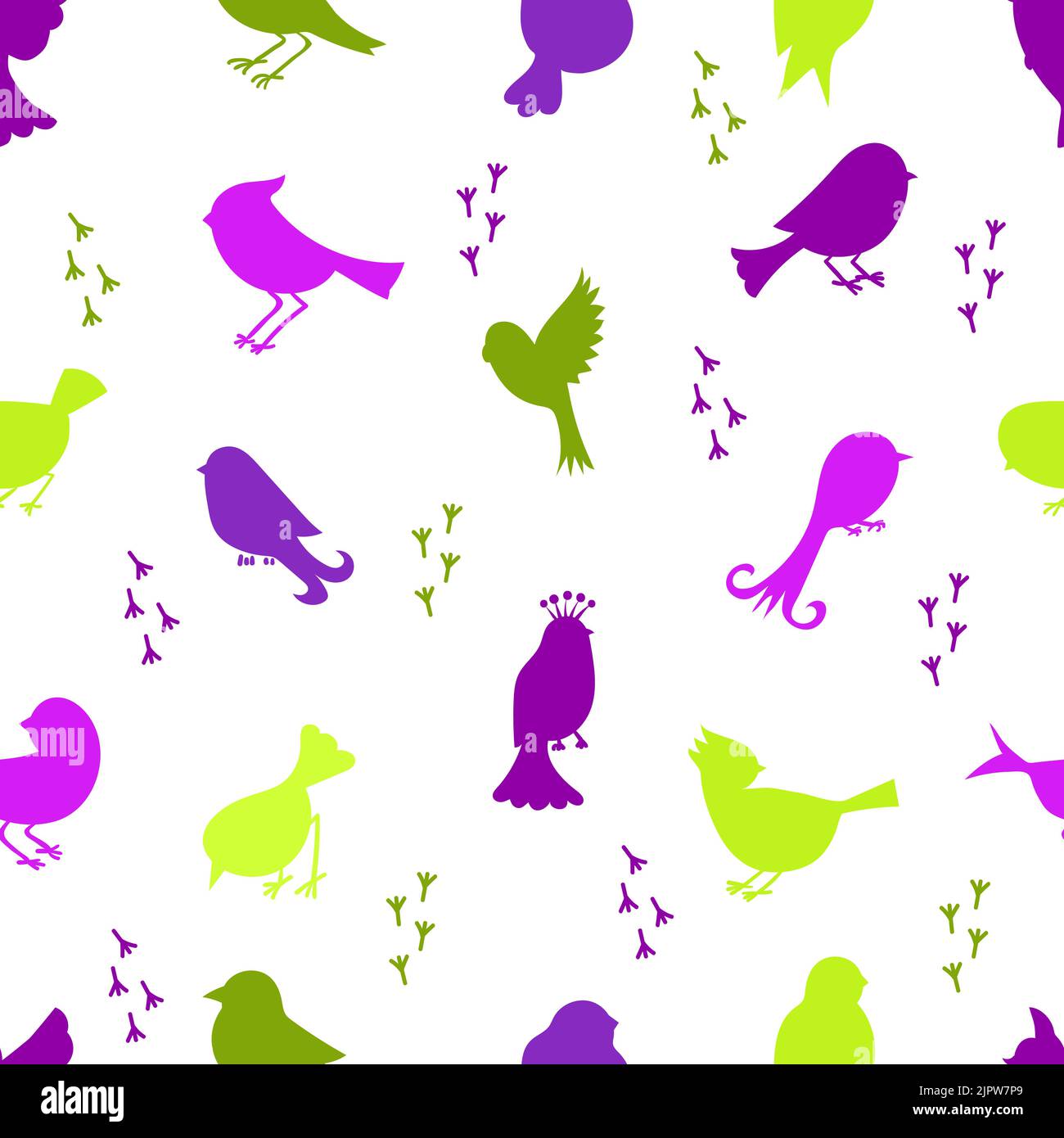 Motif sans couture avec silhouettes d'oiseaux en violet et vert. Silhouettes d'oiseaux de bande dessinée isolées sur fond blanc Illustration de Vecteur