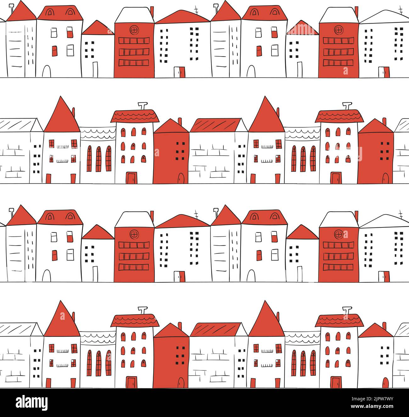 Motif ville de Doodle sans coutures dans les couleurs blanc et rouge. Arrière-plan vectoriel avec maisons dessinées à la main. Dessinez le paysage urbain Illustration de Vecteur
