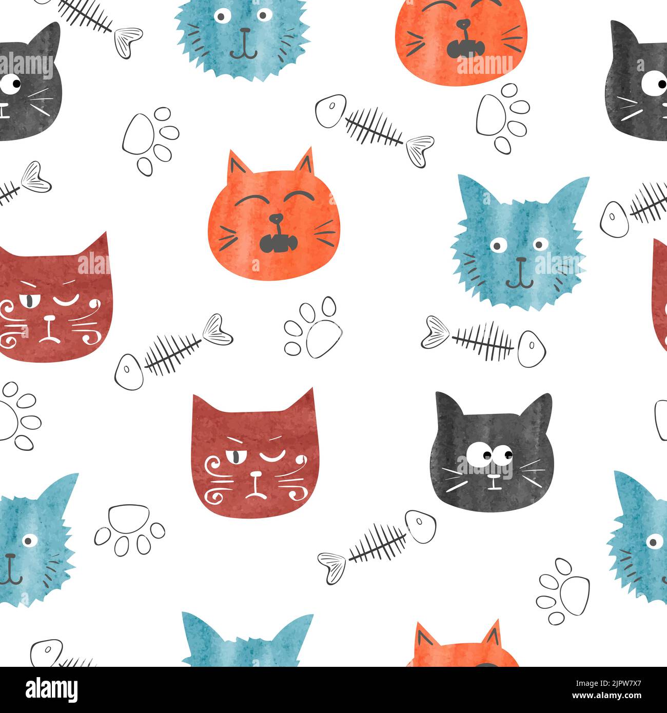 Motif aquarelle mignon chats sans coutures. Fond vectoriel avec têtes de chat drôles Illustration de Vecteur
